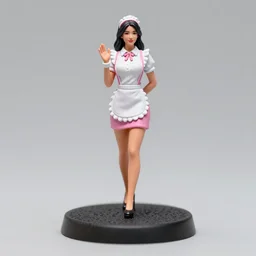 80mm resin detailed miniature of a Waitress woman, white blouse, Pink mini-skirt, apron, thigh skin, on textured base; Miniature product Photos, 4K, Full body;