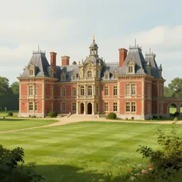 matte painting of a countryside landscape of a noble large estate with xix century manor. fantastical, elegant elaborate, red brick, opulent, verdant lawn. sharp focus, smooth detailed digital art trending in artstation