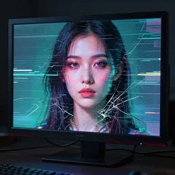 A broken monitor with the calm face of an android woman on it. Very very very strong glitches and scanlines effect on the monitor. The monitor is cracked. The face is blurry with glitches. Extremely high detail, glitchcore, glitches, glitch, cyberpunk, 8k render