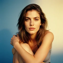 woman, beautiful, thinking, relaxed, staring at the camera, warm blue and yellow, studio lightning, by steve mccurry, photograph, portrait