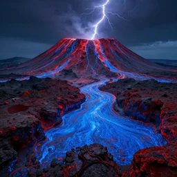 an alien volcano, blue strange lava strange alien landscape, realistic, rocky, red and blue, blue particles, strange red particles, strange, alien — style, realistic, landscape, depth, movie lightning, realistic epic shaders, landscape