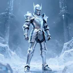 photorealistic full shot of knight, ice armor wearing, inspired by Saint Seiya , frozen background, high détails, octane render, volumetric lighting