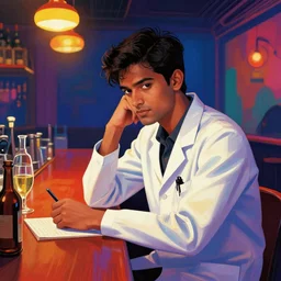 lonely handsome young indian psychiatrist at a bar, epic scene, by victo ngai, kilian eng vibrant colours, dynamic lighting, digital art, winning award masterpiece, fantastically beautiful, illustration, aesthetically inspired by beksinski and dan mumford, trending on artstation, art by greg rutkowski, 8 k