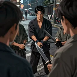 over-the-shoulder shot, hyperdetailed masterpiece concept art of 3 Japanese gangsters holding knives on the street with dim light, 4k Detailed Matte Illustration trending on ArtStation