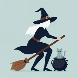 vector art of a witch on a broom with a cauldron and a cat. happy halloween