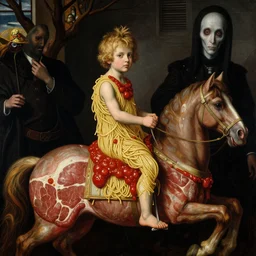 a boy made of spaghetti and tomato sauce, sitting on top of a horse made of meat, by giuseppe arcimboldo and ambrosius benson, renaissance, intricate and intense oil paint, a touch of beksinski and hr giger and edward munch, realistic