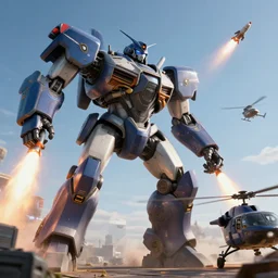 Giant police mech fires rockets at helicopter, color, cinematic lighting, highly detailed, octane render