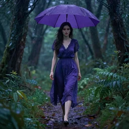 woman walking, deep forest, rain, purple, green blue, van gogh