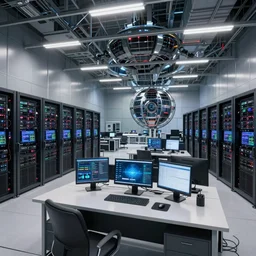 establishing wide shot of work desk, inside server room and airport hanger and borg cube interior combined, epic scale, many computer servers lining walls and ceiling, rows of computer servers, stacks of computer servers, hard flourescent ceiling lights, paneled walls, maximalism, detailed artstation scifi concept art, fine details, 4 k, unreal engine, detailed textures