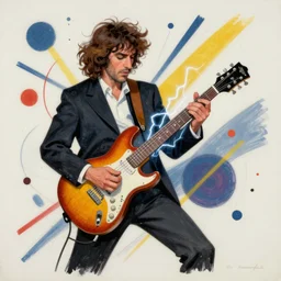 a Kandinsky painting, picasso Jerry Garcia guitarist playing so intensely there is electricity shooting out from his guitar, energy beams under his finger tips, and magic sparkles from the freboard, amazing ditial art, trending on artstation, featured on deviantart
