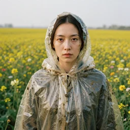 a closeup portrait of a woman wearing a cloak made of plastic an mud, in an infinite landscape of flowers, photograph by jan van eyck, canon eos c 3 0 0, ƒ 1. 8, 3 5 mm, 8 k, medium - format print