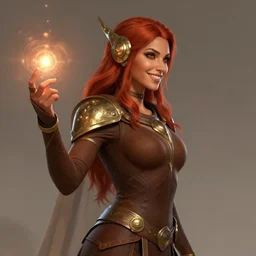 sideview of a dnd priestess, earth attuned, brown robes, skintight, beautiful, light brown skin, red hair, grin, metallic brass accessories, spellcasting, high fantasy, detailed face, highly detailed, sharp focus, smooth, digital illustration, by clyde caldwell