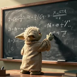 a photo of master Yoda writing math equations on a chalk board