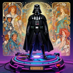 darth vader dj standing on a giant science fiction neon turntable at a astronaut rave, digital art, winning award masterpiece, fantastically beautiful, intricate, illustration, dan mumford, geof darrow, moebius, artgerm, amano, yves tanguy, alphonse mucha, ernst haeckel, jean delville, ilya repin, edward robert hughes, andrei tarkovsky, roger dean,, 8 k