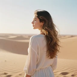 photograph of a beautiful!!! woman! from the back in the sahara desert by mark owen. pastel colors. kodak portra 4 0 0 film!!. whirl bokeh!. mamiya 7. highly detailed. hq. photoreal. golden hour. lens flare. faded film. in - frame