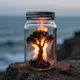 glass jar with a burning tree, standing on a cliff, bokeh, ocean in the background, metal lid, dramatic lighting, hyperrealistic, small flames burning, highly detailed, sharp focus