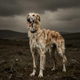 old creepy lost photograph of grinning borzoi dog