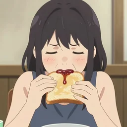 mizuki from boku girl eating vegemite on toast disgustedly in anime style
