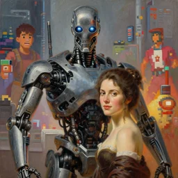 landscape, realistic portrait beautiful painting from scene in terminator robot merged in pixel fighting movie scene, hyperdetailed retrofuturism created by thomas kinkade and gustave courbet, fine draw, high detailed, fine lighting, smooth draw, no anomaly.