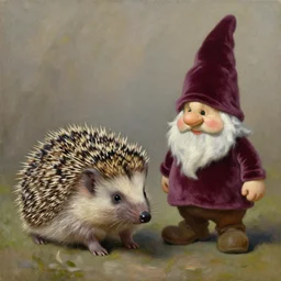 a hedgehog and a gnome dressed in velvet, oil on canvas, 4 k