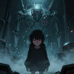 2 0 1 9 anime cyberpunk movie still : : mechanical hall interior art : : kid villain red eyes : : somber far future cables lab shadowed background : : staring sad : : volumetric fog