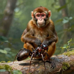 a monkey sitting on a giant ant, by most renowned artist of the romanticism, hiperrealism,
