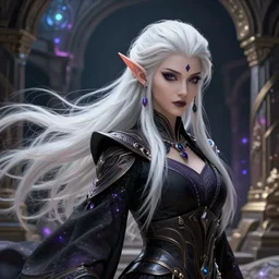 portrait of a stunning exotic fantasy dark elf female sorcerer with long white hair flowing in the wind at the location of ancient ruins filled with magic. fantasy illustration 3 d rendering, d & d, fantasy, intricate, elegant, highly detailed, digital painting, artstation, concept art, smooth, sharp focus, illustration, art by artgerm and greg rutkowski and alphonse mucha
