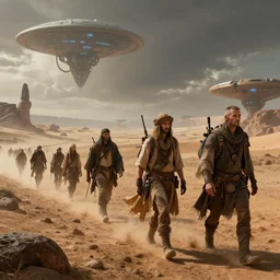 group of nomads travelling on an alien world, cinematic lighting, science - fiction, detailed, matte painting, syd mead, john harris,