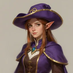 half - elf female student of a magical academy wearing a purple and brown apprentice uniform with a fancy hat and gold trim, painted by greg rutkowski, detailed portrait, featured in artstation