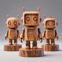 3 d octane render ultra photo realistic, sculpture wooden carving cute robot wooden piedestal cyberpunk popart collection contemporaryart
