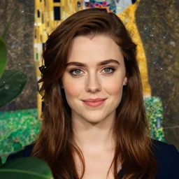 a portrait of female asa Butterfield mixed with pam beesly, content, kind, slight smile, green eyes, longer eyebrows, surrounded by plants, by gustav klimt