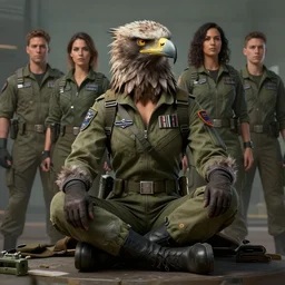 epic professional digital art of female human - eagle hybrid animal, sitting and wearing human air force jumpsuit, humanoid feathered head, eagle beak, by reyna rochin, ignacio fernandez rios, leesha hannigan, wayne haag, artstation, cgsociety, epic, much wow, much detail, gorgeous, detailed, cinematic, masterpiece