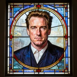 “Arnold Schwarzenegger at the centre of a stained glass window. Realistic Detailed vivid colours. charles rennie mackintosh”