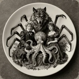 vintage photograph monochrome plate, monstrous mutant victorian family of spider people posing with an octopus and a werewolf, distressed old photo, slight sepia tone