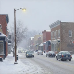 american small town street, cars, street lights, winter morning, snowing snow, cold, a painting by kenton nelson