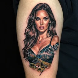 tattoo design sketch of megan fox with amazing mountain scenery, with double exposure effect, realism tattoo, in the style of den yakovlev, amazing detail, sharp