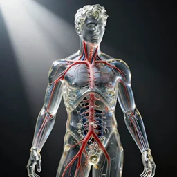 a statue of a young fit man made of transparent glass, showing a complex detailed blood system inside, by philippe starck and victoria hagan, cinematic lighting, sunrays, detailed digital photography by rutkovski and beksinski, masterpiece, gorgeous, 4 k