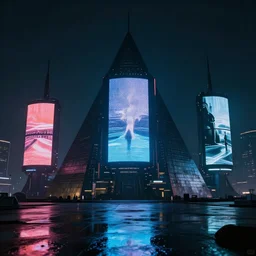 futuristic pyramids, spires, chillwave, electronic billboards, tech noir, wet reflections, atmospheric, ambient, livia prima, greg rutkowski, edward hopper, pj crook