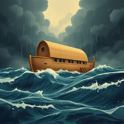 huge massive bibilical noah's gigantic wooden ark boat on huge stormy seas dark clouds and rain, limited neutral palette, by pascal campion, petros afshar, anton fadeev, dean ellis, randolph stanley hewton, beautiful graphic, propaganda poster art 1 9 7 0 s illustrated advertising art, painterly design