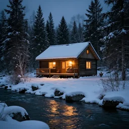 a single cozy lodge beside a river stream in the canadian wilderness in winter,  dramatic lighting, cinematic, establishing shot, extremely high detail, photo realistic, cinematic lighting, post processed, concept art, artstation, matte painting, style by eddie mendoza, raphael lacoste, alex ross