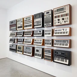 dezeen showroom , minimalissimo, archdaily, ignant, teenage engineering moad, mother of all decks, product design concept, product shot of wall of moog melotron synthesizers made by jony ives , dieter rams, 8k, high detailed photo