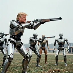 donald trump in terminator t - 9 0 0, cybernetic arms and legs, cybernetic body, cyborgs, metal robots, shotguns directed by wes anderson, cinestill 8 0 0 t, 1 9 8 0 s movie still, film grain
