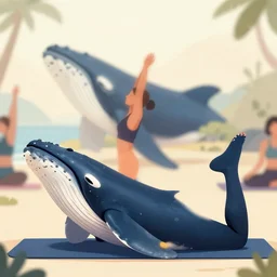 orca whale practicing yoga with a black haired young woman, yoga retreat background, soft lighting, digital art