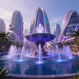 hyper realistic matte painting by weta digital of a modern nature city, rounded organic architecture with grand ornate water fountain, reflections on water, purple, blue, glow, water fountains, epic composition, octane engine