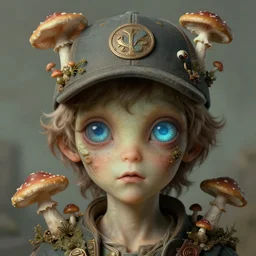 baroque neoclassicist close - up sci - fi portrait of a young alien boy wearing a baseball hat with big glowing eyes overgrown with mushroom