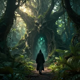 a wizard walking towards a ravenous, ominous portal to hades embedded in a creepy tree in a densely overgrown, magical jungle, fantasy, dreamlike sunraise, stopped in time, dreamlike light incidence, ultra realistic