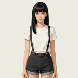 a woman with black hair and long pixie haircut in shorts with suspenders and white t-shirt drawn by william waterhouse, norman rockwell, alphonso azpiri, peter paul rubens, alphonse mucha, gustav klimt 4k, unreal 5, DAZ, french noveau, trending on artstation, octane render, hyperrealistic