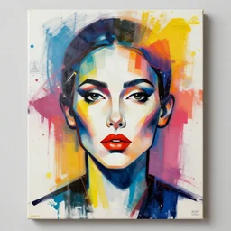 abstract art portrait, rule of thirds, face symmetry, colourful spray paint splatters, health and safety decals, fashion portrait, studio lightning, abstract art by francoise nielly