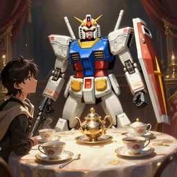 gundams have a fancy tea party, highly detailed, digital art, illustration, dramatic angle