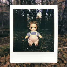 Polaroid photo of a creepy doll found in a forest